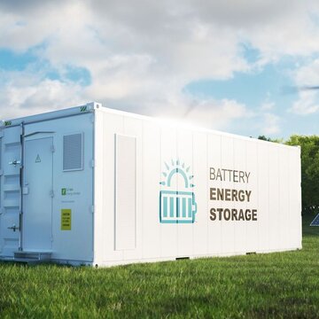 Image showing  a modern high-capacity battery energy storage systemIn a green field with solar panels in the background sits a large white container with the words “Batter energy storage” written on the side.