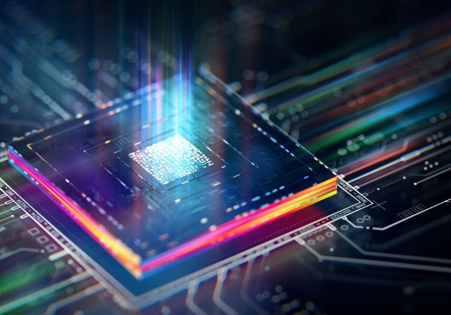 Image showing a concept of a futuristic processor unit.An extreme closeup of an artist’s concept of a futuristic processor unit. The unit is set in a motherboard with glowing data transferring from its centre outwards. 