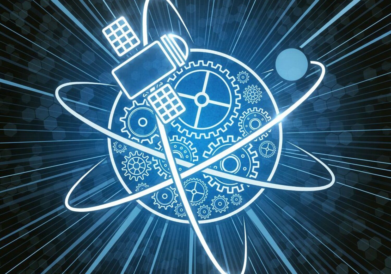 Image showing a 3D illustration of an engineer’s planet.Against a dark blue background is an illustration of the concept of an engineer’s planet. The outline of the planet is in glowing white with glowing cogs inside, orbited by a satellite and a moon.