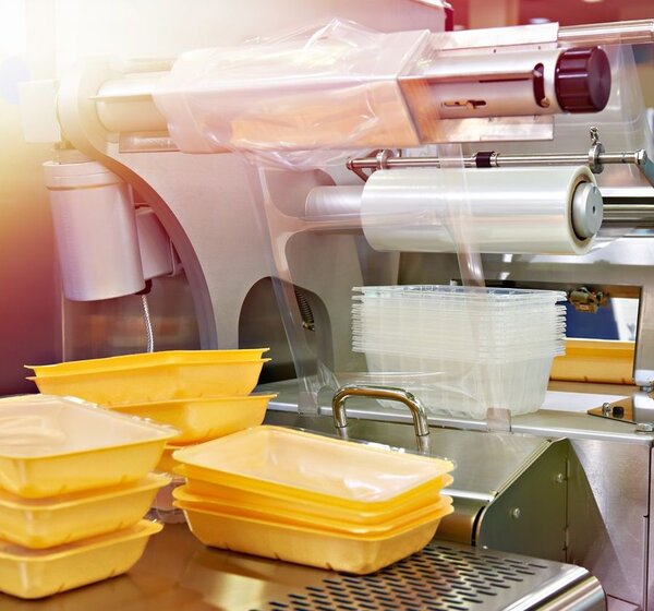 Image showing industrial equipment for food packaging in a factory. To the right an industrial machine is assembling yellow plastic food containers and wrapping them in transparent film. To the left sit three small stacks of the sealed packages.
