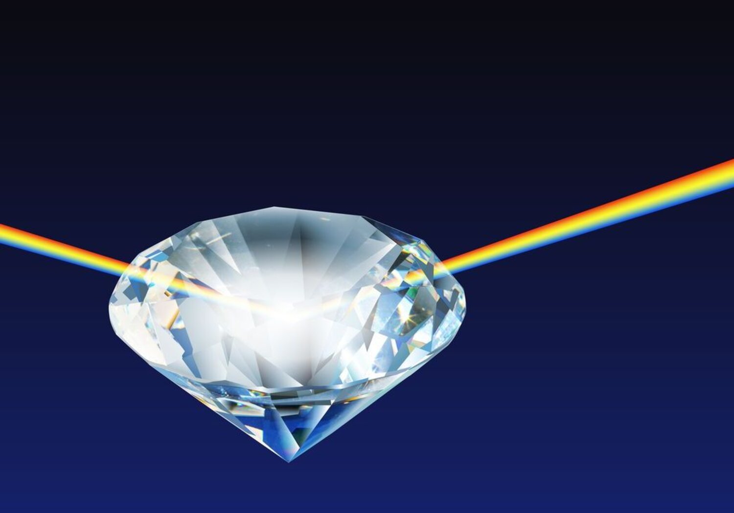 image showing a beam of light refracting through a diamond. Against a dark blue background in the centre of the picture is a large diamond with a beam of light shining through it from left to right.