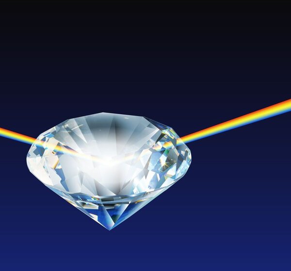 image showing a beam of light refracting through a diamond. Against a dark blue background in the centre of the picture is a large diamond with a beam of light shining through it from left to right.