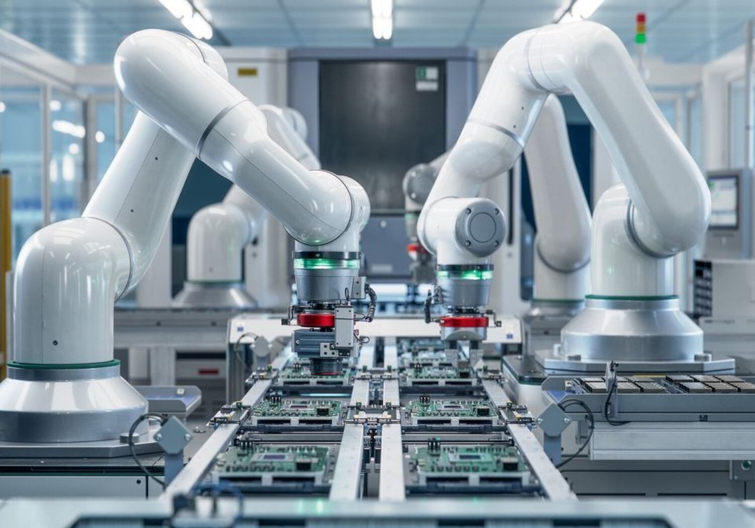 Image showing robotic production of computer components in an assembly line. In a sterile white room four white robotic arms are printing computer circuit boards on an assembly line.