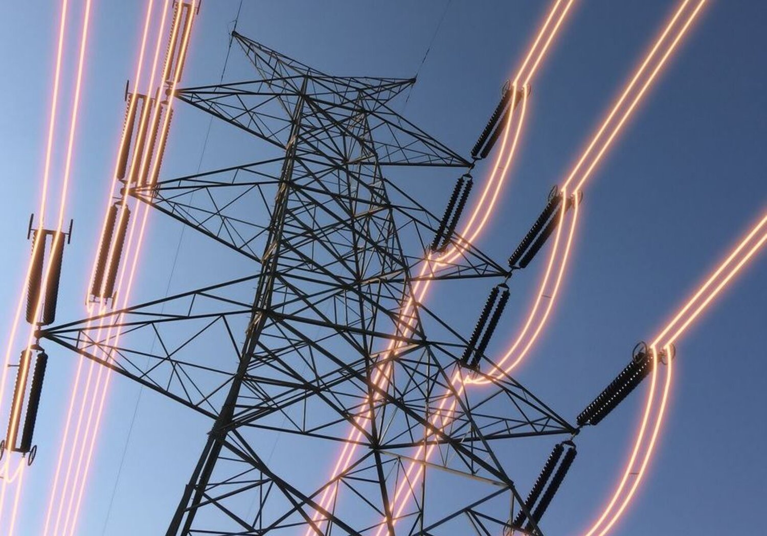 Image showing an electricity pylon with glowing wires.A close up image of an electricity pylon from below with wires rendered in glowing pink against a light blue sky.