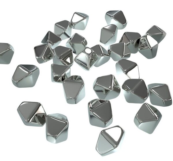 Image showing a close up of titanium dioxide nanoparticles. Against a white background is a close up of a dozen or so silver and pyramidal titanium dioxide nanoparticles.