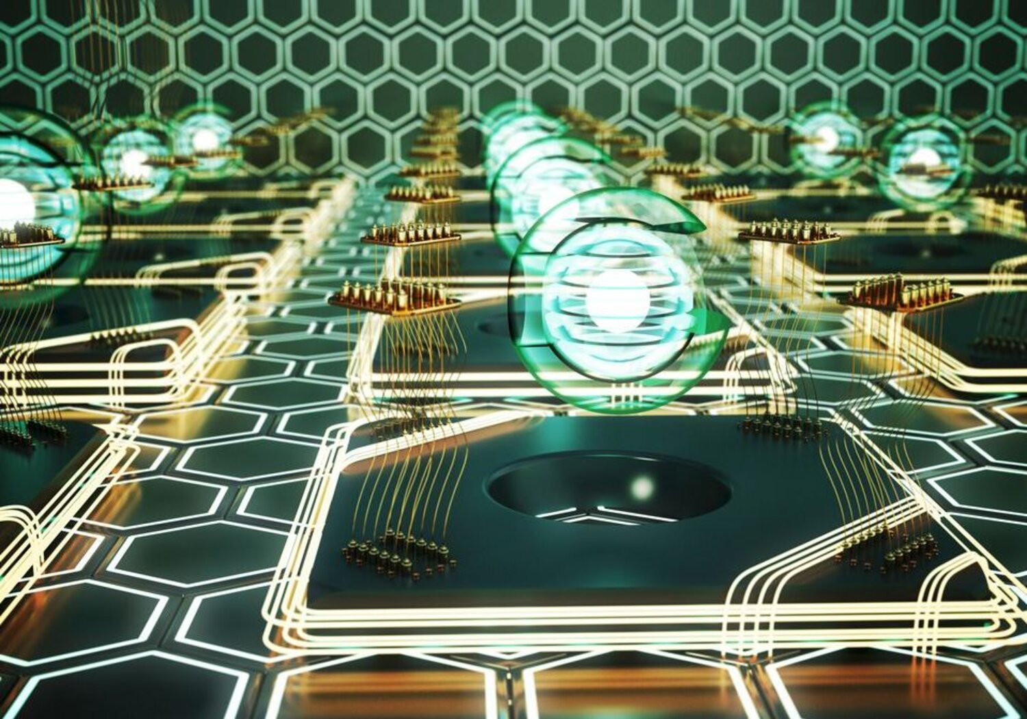Image showing the concept of quantum cubits. An artists concept of quantum cubits. Against a background of hexagons bright blue balls of light hover.