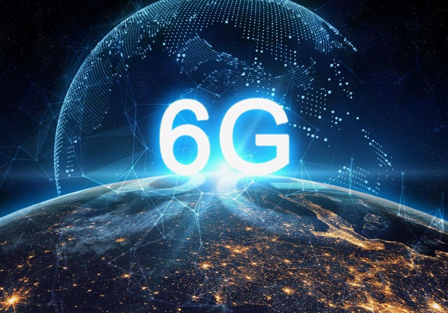 Image showing the concept of a future 6G telecommunications network. Superimposed onto a nighttime picture of northern Europe is a glowing “6G” icon.