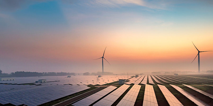 Image showing sunrise at a solar power plant