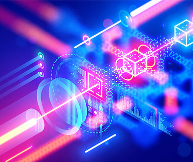 Quantum computing. Close up of optical CPU process light signal. Quantum computer of glowing qubits. Laser ray signal transmitting digital signal in chip or processor. Abstract technology background