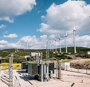 Image showing renewable green energy - power substation and wind turbines