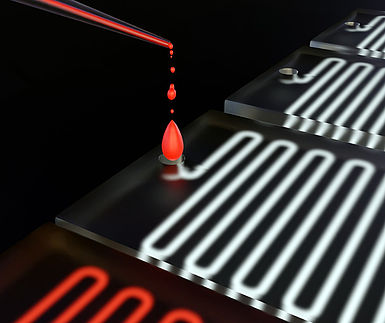 Image showing Isolated microfluidic chip with blood sample inside of micropipette 3d rendered in the black background 