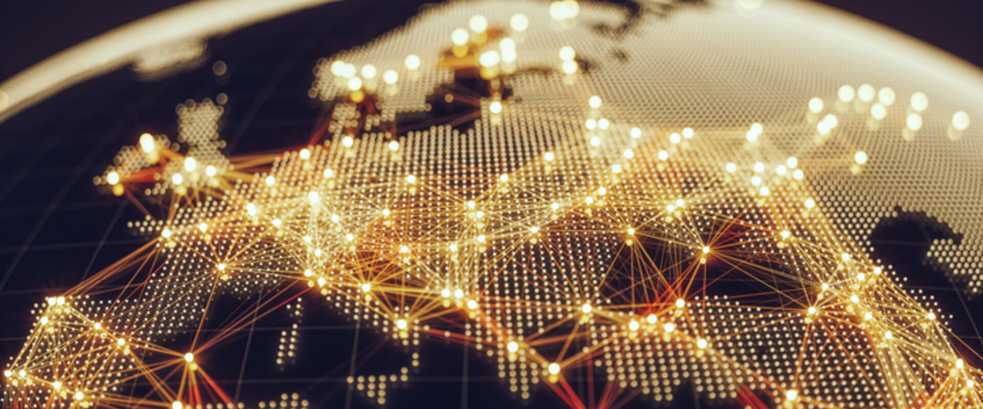 Illustration of European countries connected in a power network Against a black background is an image of the world showing European countries with cities connected with glowing gold lines to represent the electrical networks