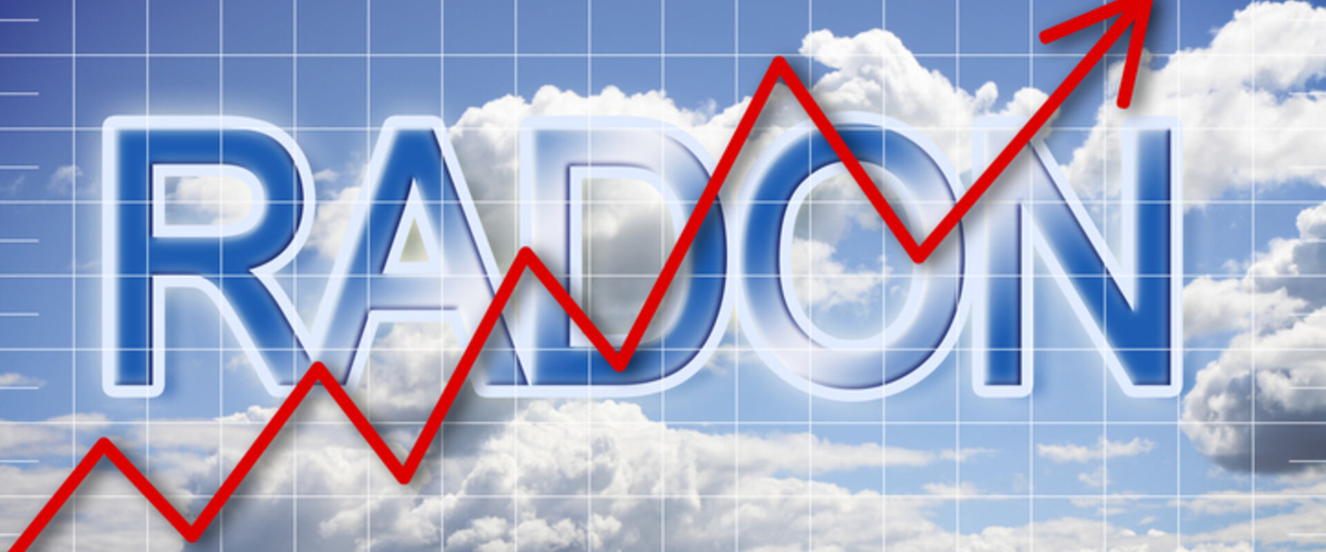 Schematic representation of radon levels increasing in the air. Against a blue sky with white clouds a red arrow climbs upwards over the words RADON in large letters
