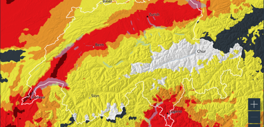 A frame from the MeteoSwiss pollen monitoring service showing the pollen count across Switzerland. The country is marked out by a white border, with areas of high pollen coloured in dark red, low pollen in yellow and no pollen in white