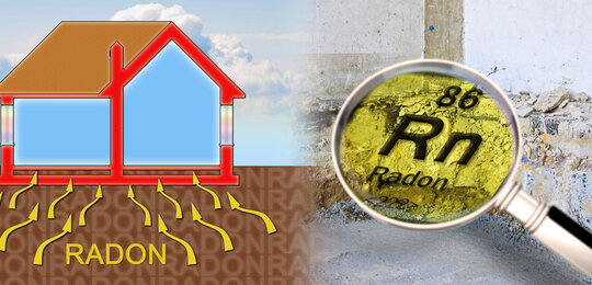 On the left of the image is a schematic of a house and how the radioactive gas radon enters from the ground and on the right is a magnifying glass with the words “86 Rn Radon”