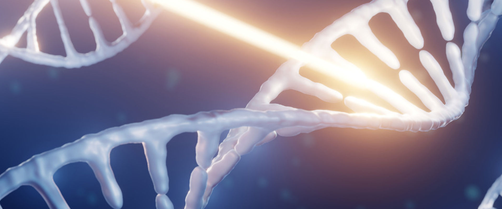 A strand of DNA being damaged by a radiation beam Artists impression showing a close up of three pale DNA strands against a dark blue background. The centre strand is being impacted and damaged by a bright beam of light