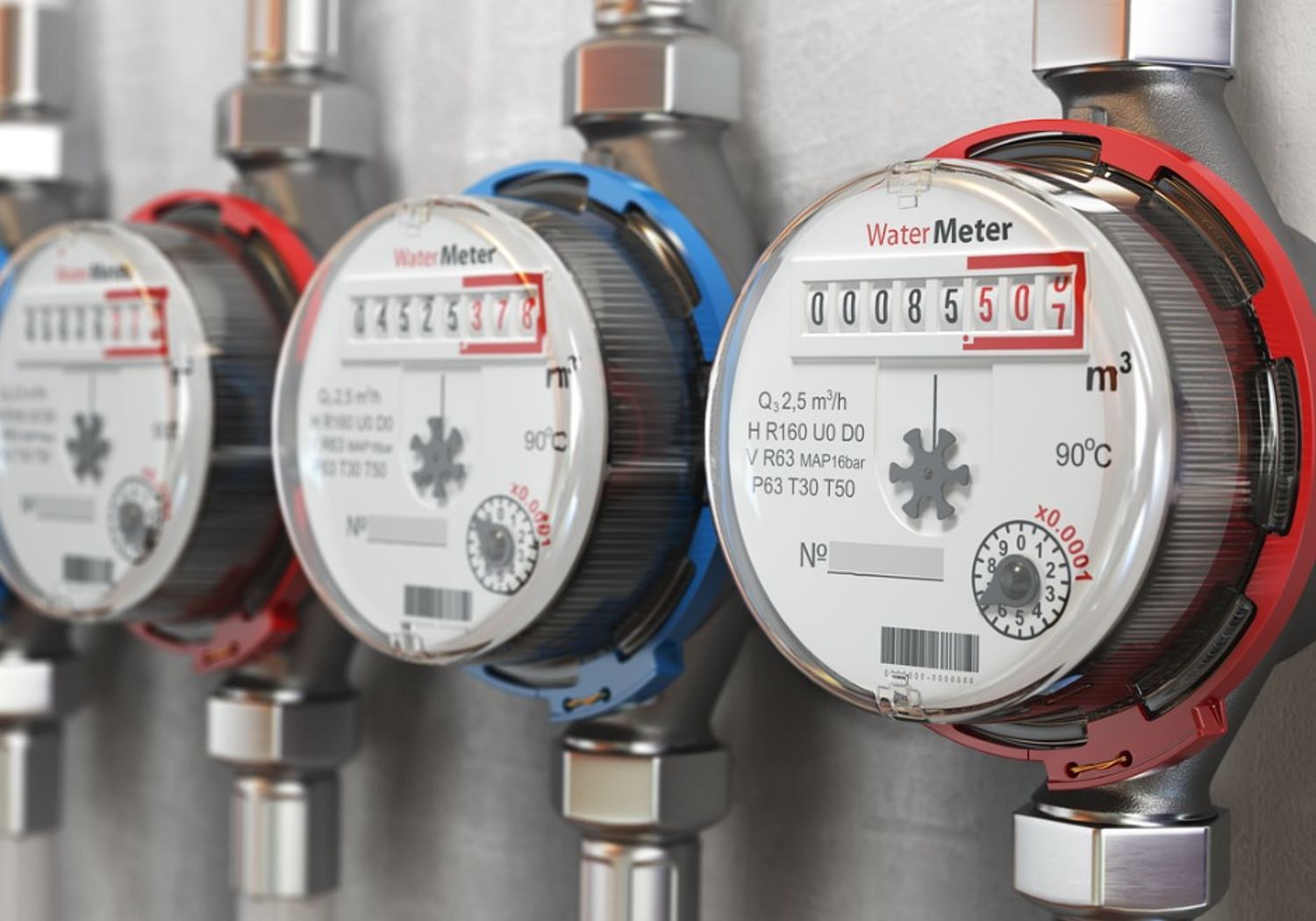 Image showing row of water meters of cold and hot water