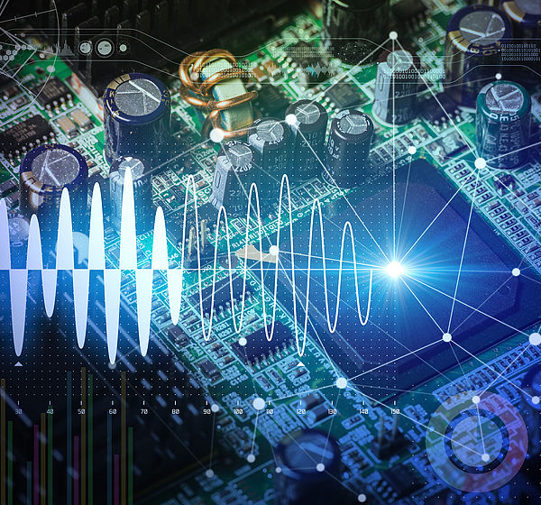 Image showing an electronic circuit board with graphical waveform overlay