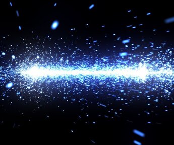 A band of blue-white sparks of light is set horizontally against a dark background