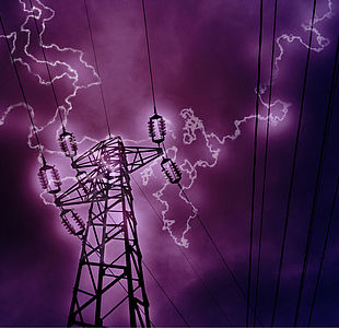 image showing Lightning hitting a high voltage tower