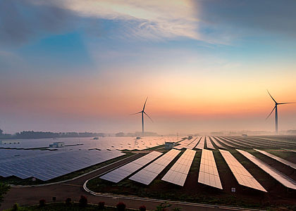 Image showing sunrise at a solar power plant