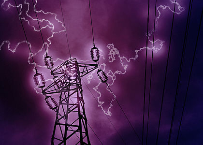 image showing Lightning hitting a high voltage tower