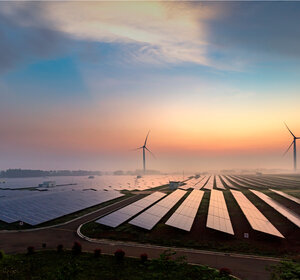 Image showing sunrise at a solar power plant