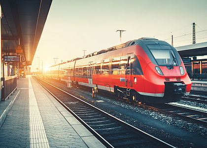 Railway station with beautiful modern red commuter train at sunrise Image showing a modern train pulling into a station at sunrise