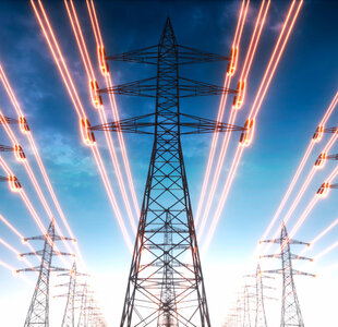 Image showing electricity transmission towers with red glowing wires