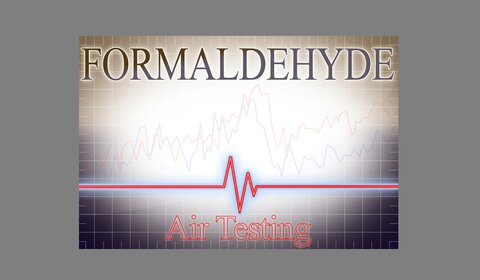 Against a grey background is a graph with peaks and troughs. At the top of the image is the word “formaldehyde” in capitals and at the bottom is “Air testing” in red