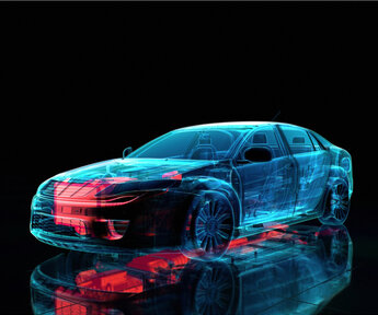 Against a dark background is an x-ray illustration of a blue car with components, such as the engine, showing through the body in red