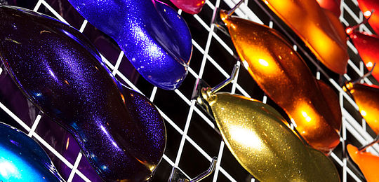 Car paint samples in various colours