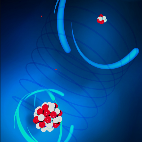 Artistic representation of the ion pair: laser cooled Be+ (top right) and highly charged Ar13+ (bottom left). Image courtesy of PTB