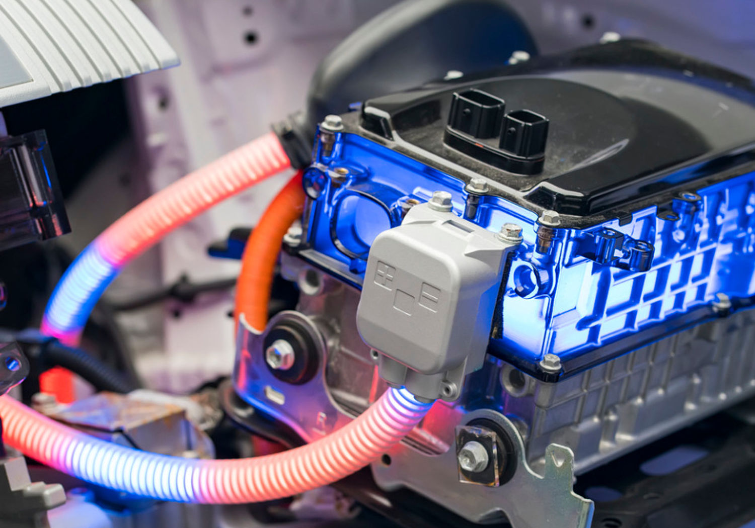 Image showing an Electric car lithium battery pack and power connections