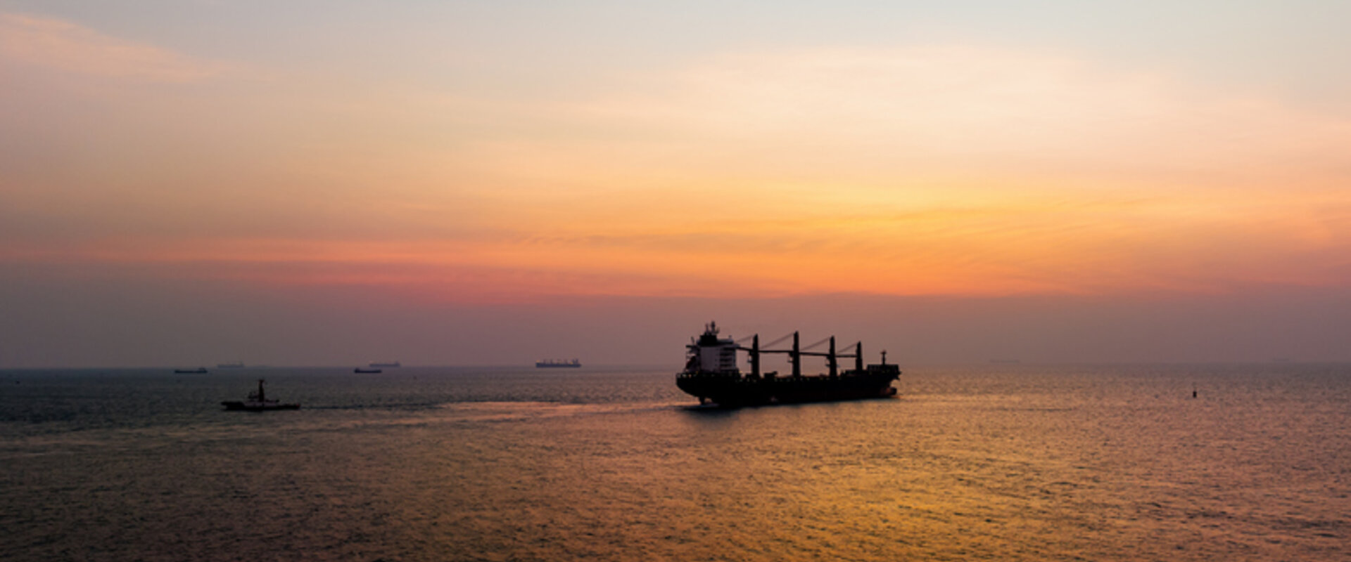 A container ship sails at sunset. A smaller ship passes nearby and five more container ships carry cargo on the horizon.