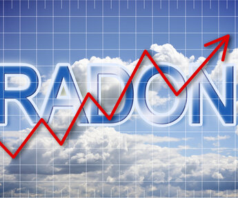 Schematic representation of radon levels increasing in the air. Against a blue sky with white clouds a red arrow climbs upwards over the words RADON in large letters