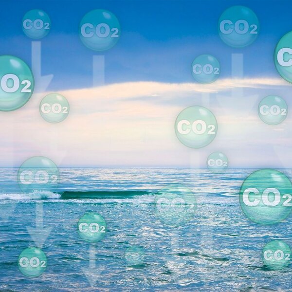 Stylistic image showing bubbles with CO2 written inside being drawn down to the ocean
