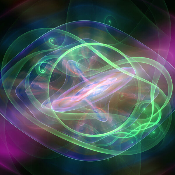 Close up of a stylistic image of electrons around a nucleus with the electrons depicted as coloured bands or ribbons around the central core