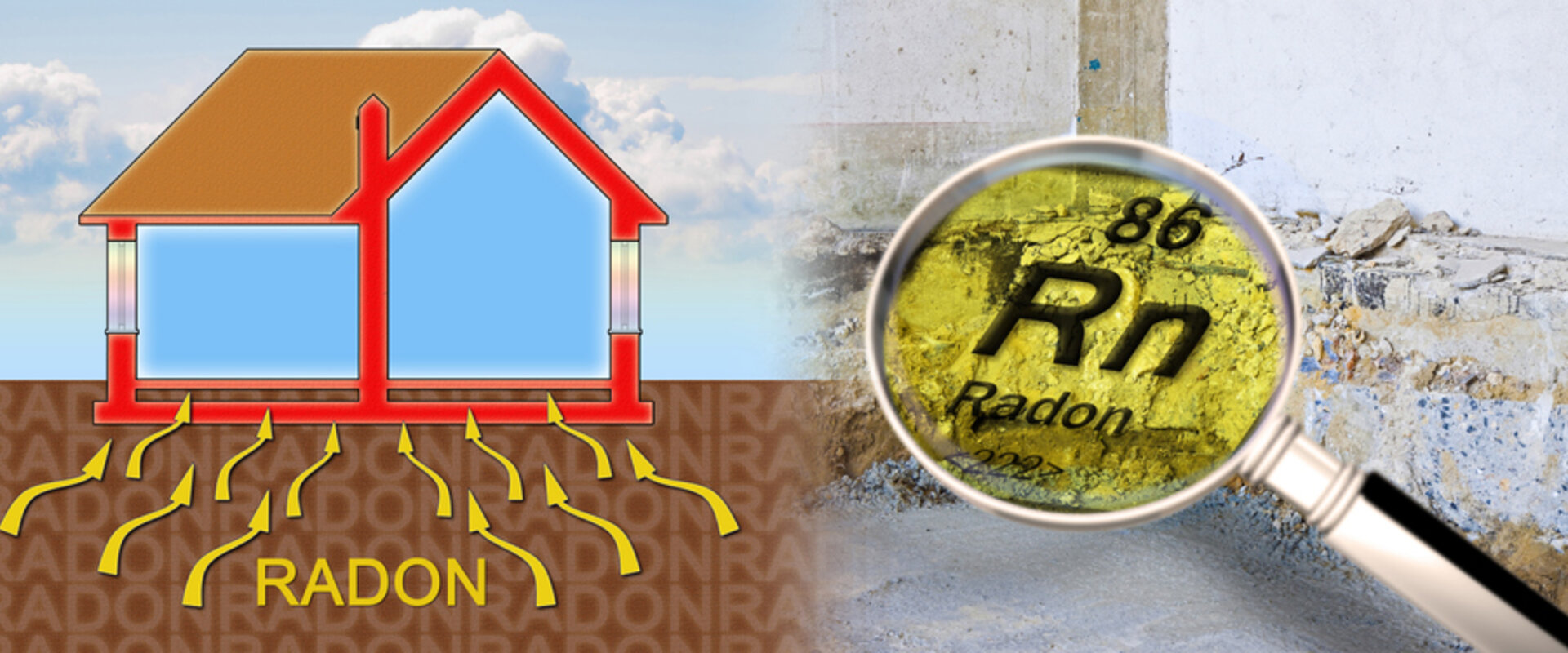 On the left of the image is a schematic of a house and how the radioactive gas radon enters from the ground and on the right is a magnifying glass with the words “86 Rn Radon”
