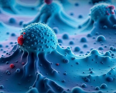 Image showing enhanced scanning electron micrograph image of cancer cells