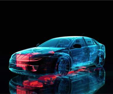Against a dark background is an x-ray illustration of a blue car with components, such as the engine, showing through the body in red