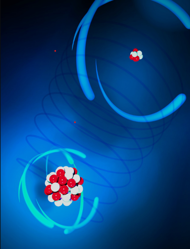 Artistic representation of the ion pair: laser cooled Be+ (top right) and highly charged Ar13+ (bottom left). Image courtesy of PTB