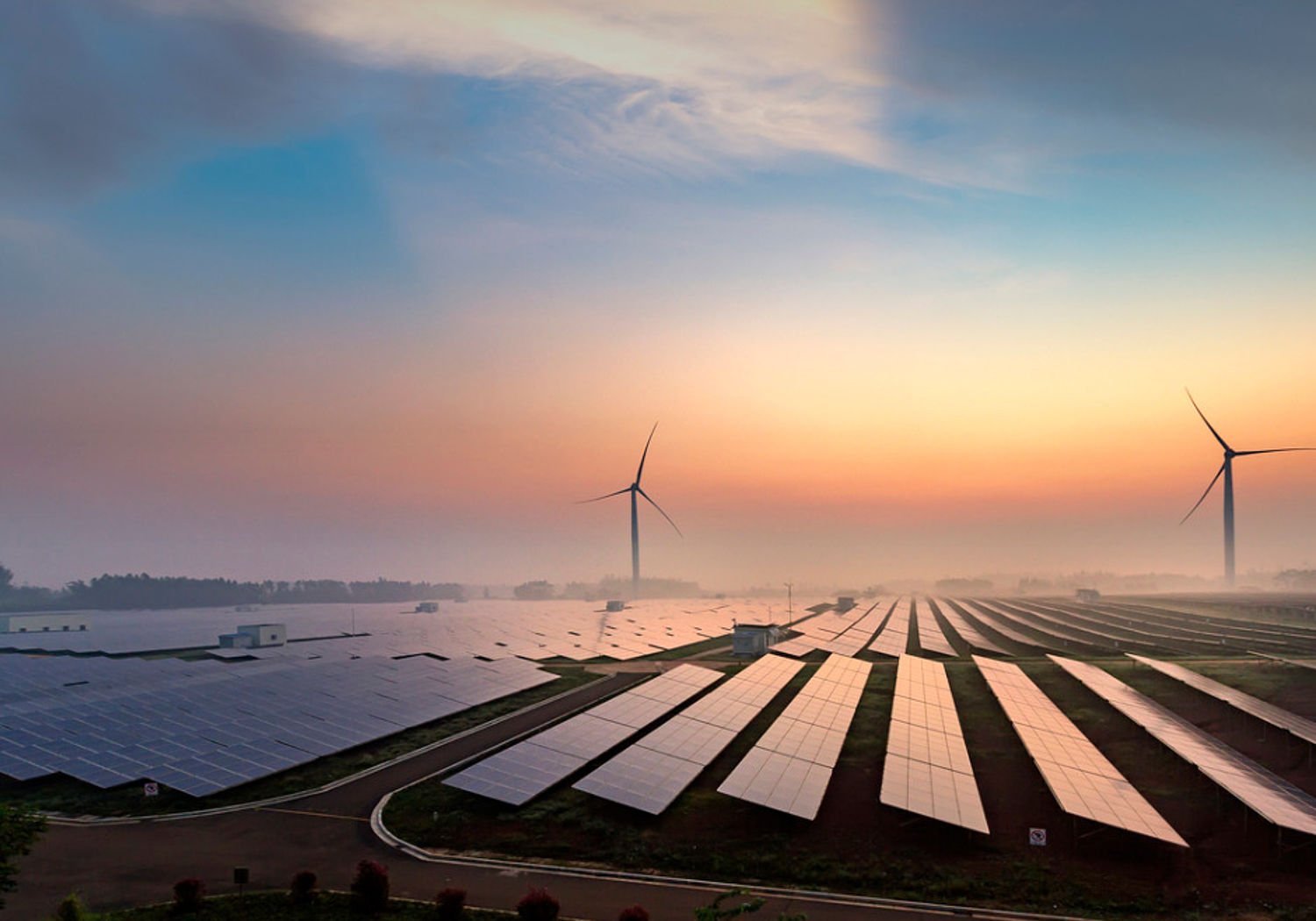 Image showing a solar power plant at sunrise