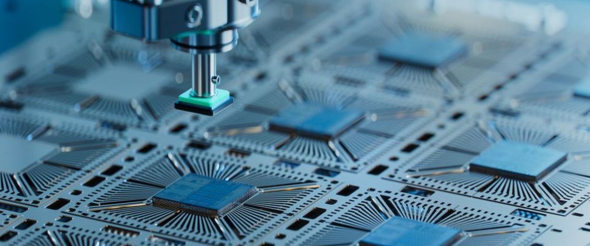 A close-up photograph of a tray of semiconductor chips on a production line