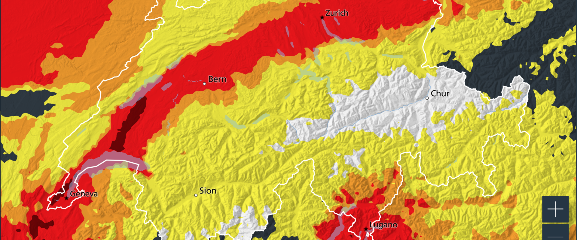 A frame from the MeteoSwiss pollen monitoring service showing the pollen count across Switzerland. The country is marked out by a white border, with areas of high pollen coloured in dark red, low pollen in yellow and no pollen in white