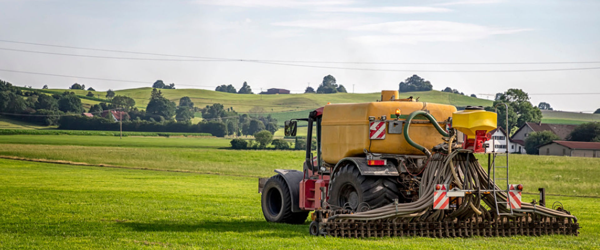 Tractor spraying pesticides on farmland In the early morning light a tractor in the foreground is spraying pesticide over rows of low plants in a large open field
