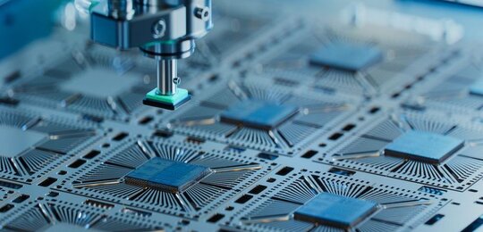 A close-up photograph of a tray of semiconductor chips on a production line