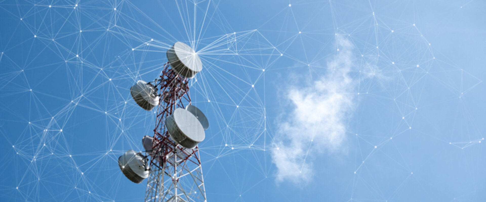 Against a clear blue sky is the steel frame of a telecommunication tower with dishes sending out signals that are displayed as an interconnected “wireframe”