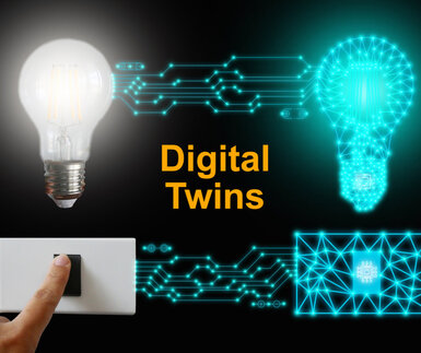 Image showing a light bulb and a stylistic representation of its digital twin