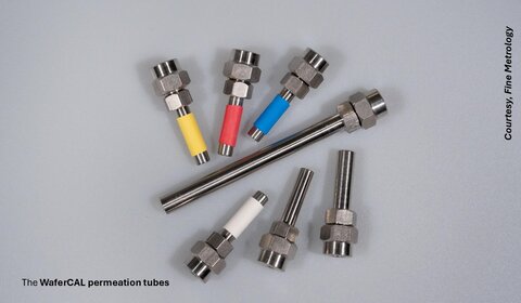 Against a grey background are seven different types of WaferCal permeation tubes from the company Fine Metrology. These resemble “nuts and bolts” with different coloured bands on the “bolt” of the tubes